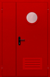Фото двери «Полуторная с круглым стеклом и решеткой (красная)» в Электростали